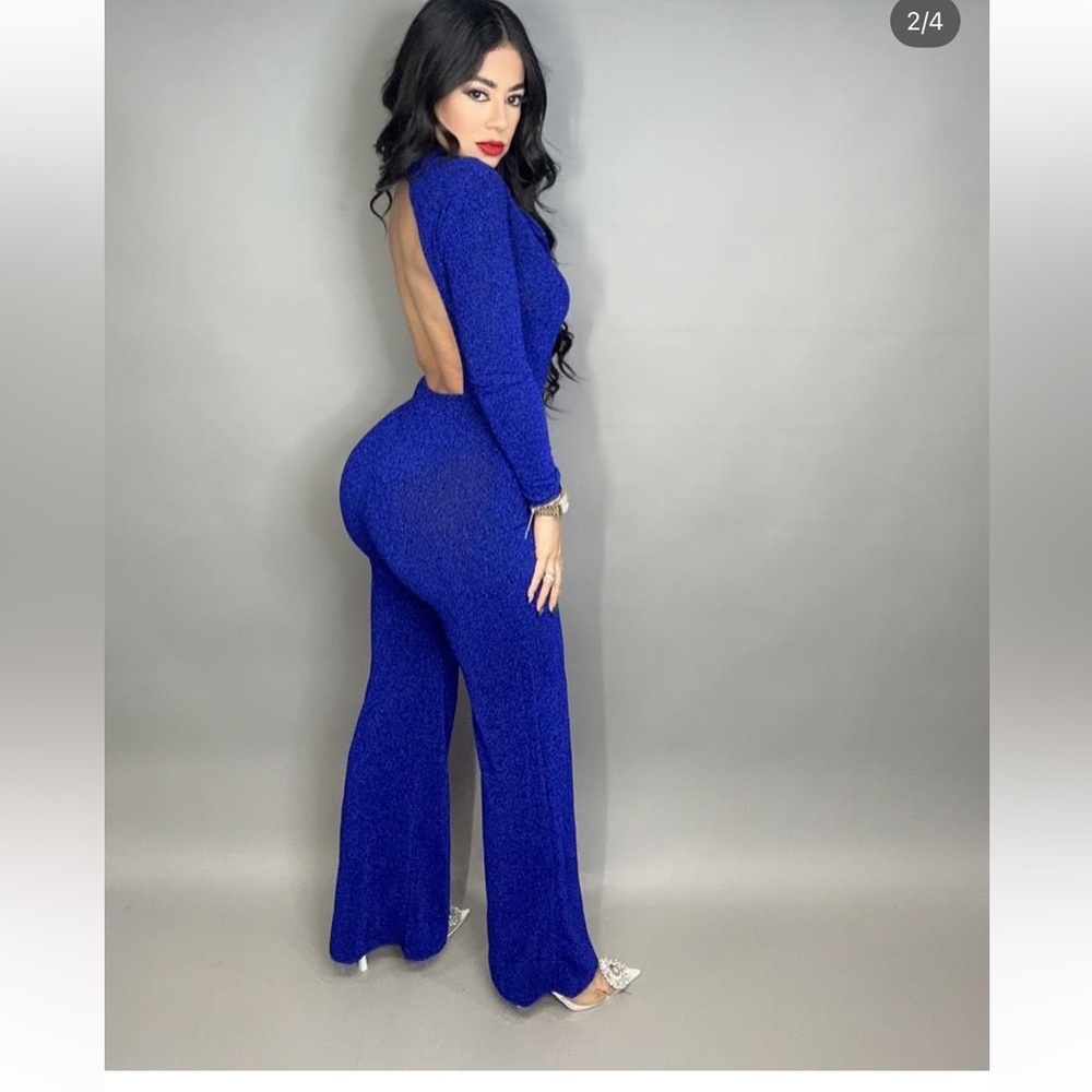 Elegant open back metallic blue Jumpsuit
